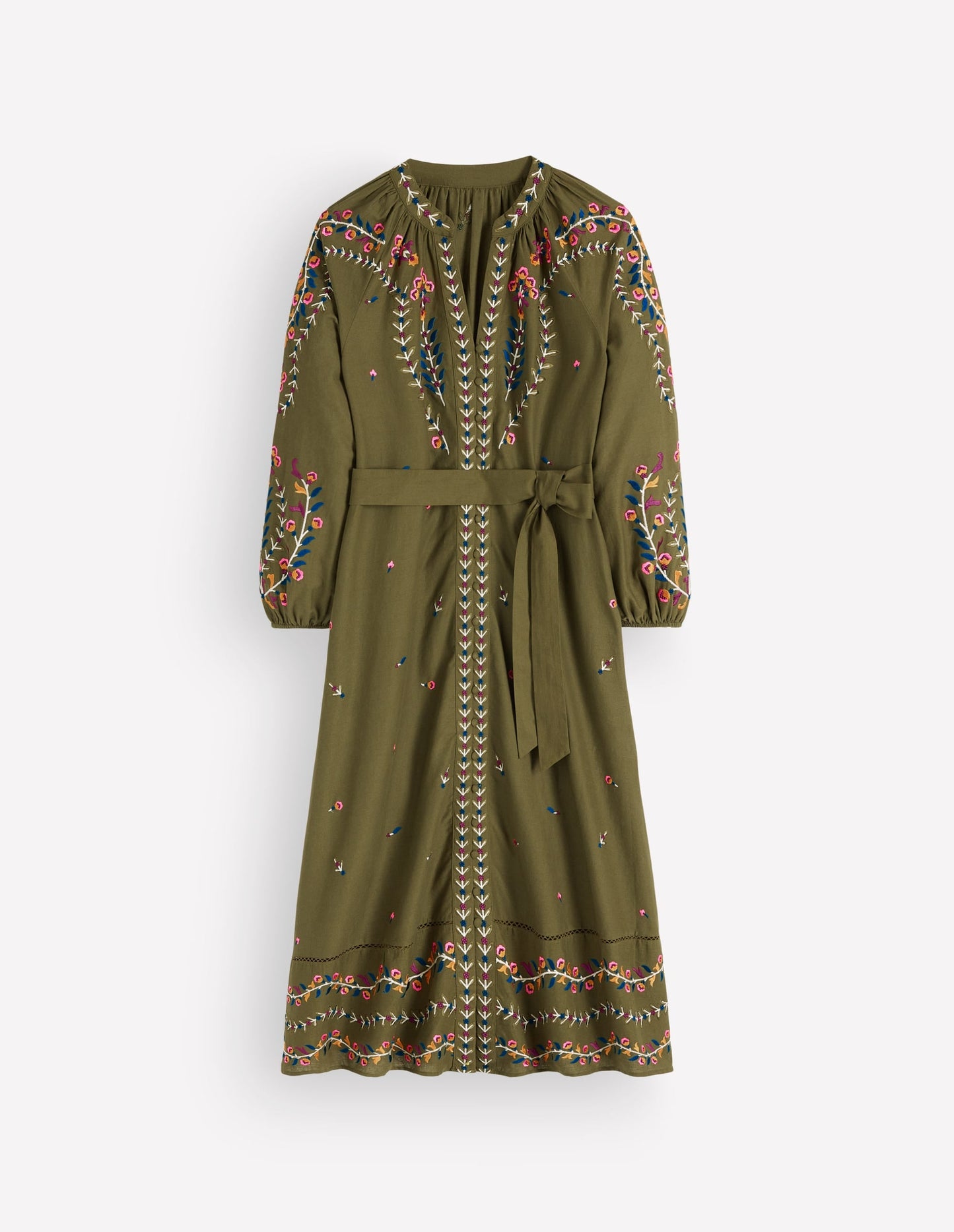 Embroidered Linen Dress-Woodland Green, Embroidery