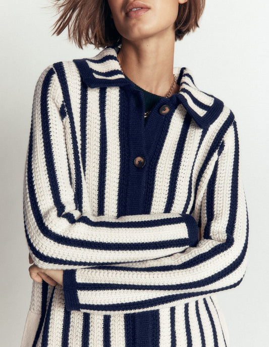 Longline Knitted Coatigan-Ivory, Navy Stripe