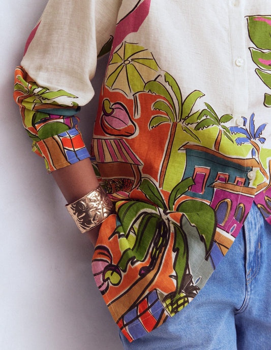 Longline Linen Shirt-Multi, Tropical Village
