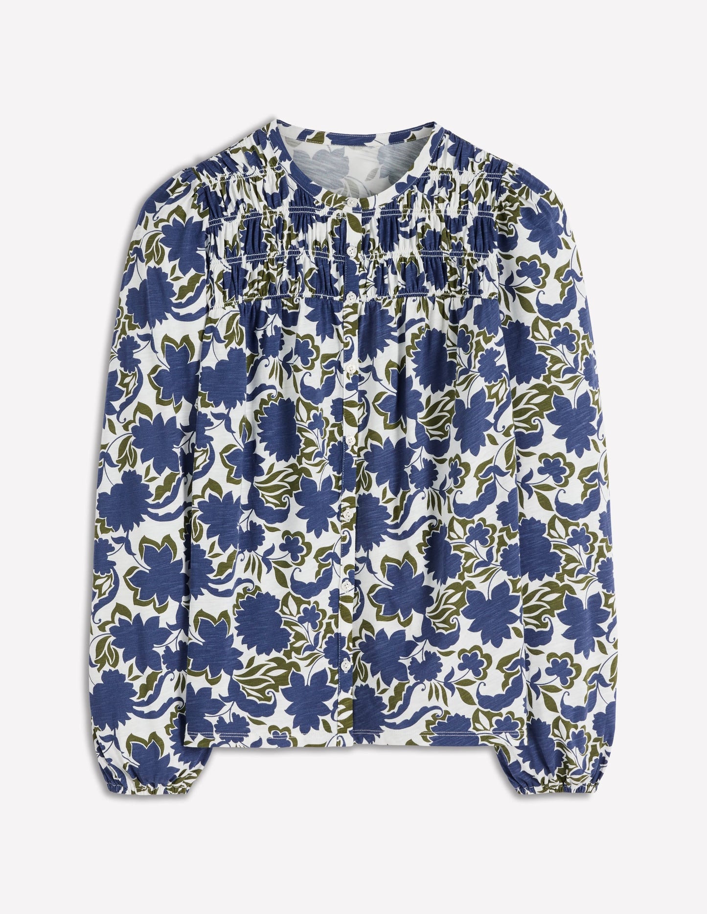 Mya Smocked Jersey Shirt-True Navy, Shadow Blossom