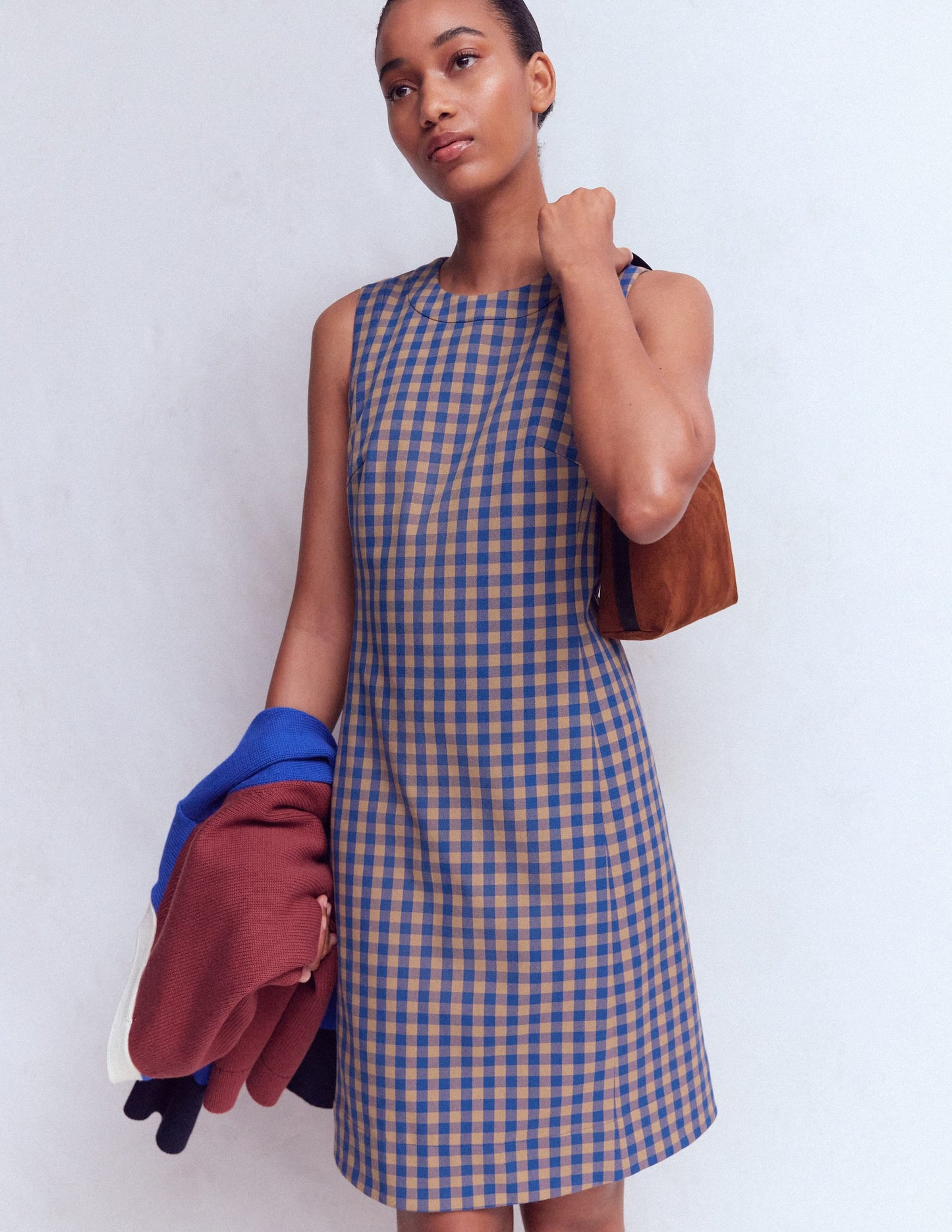 Lou Check Shift Dress-Camel, Blue Gingham