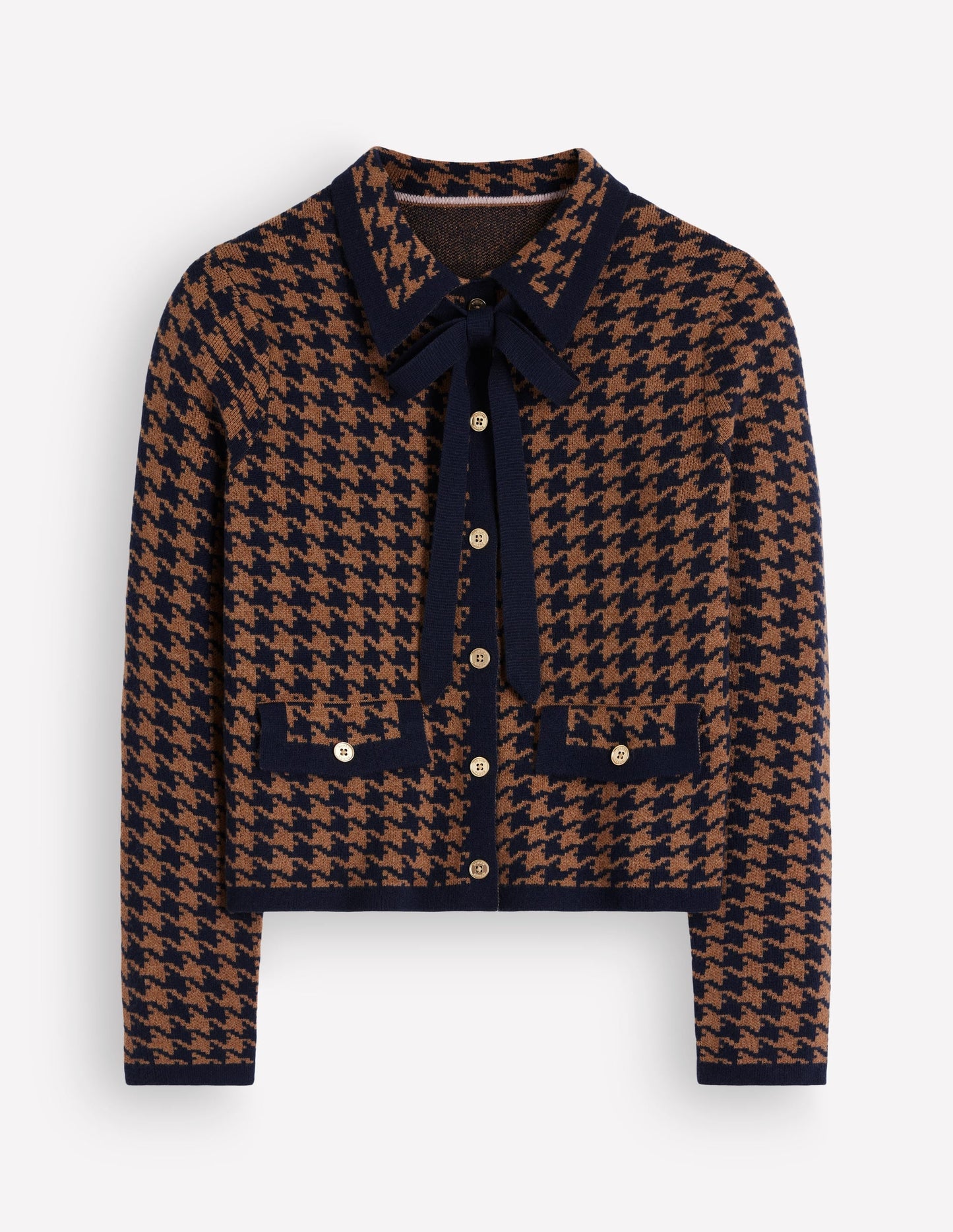 Elizabeth Bow Knitted Jacket-Camel, Dogstooth