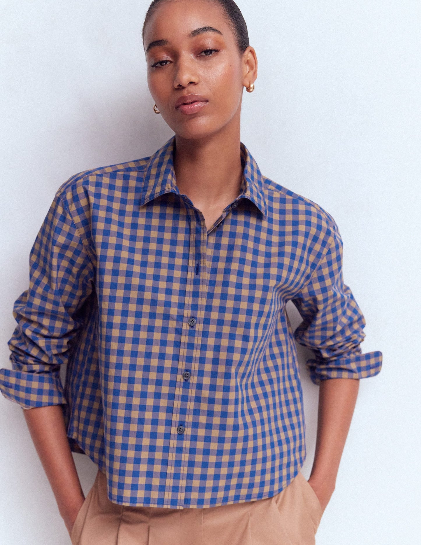 Sienna Cropped Cotton Shirt-Camel, Blue Gingham