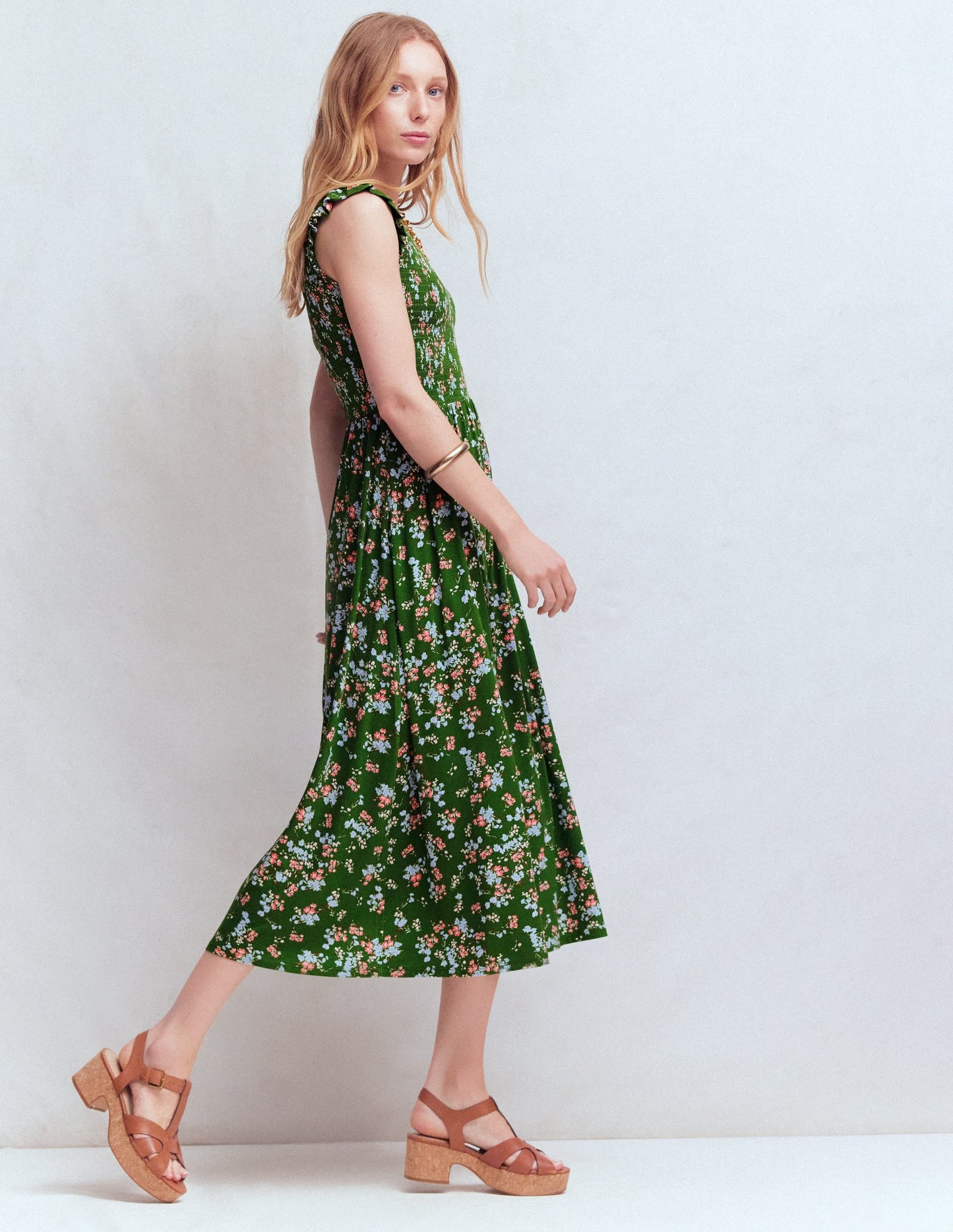 Smocked Jersey Midi Dress-Promenade Green, Bloom Scatter