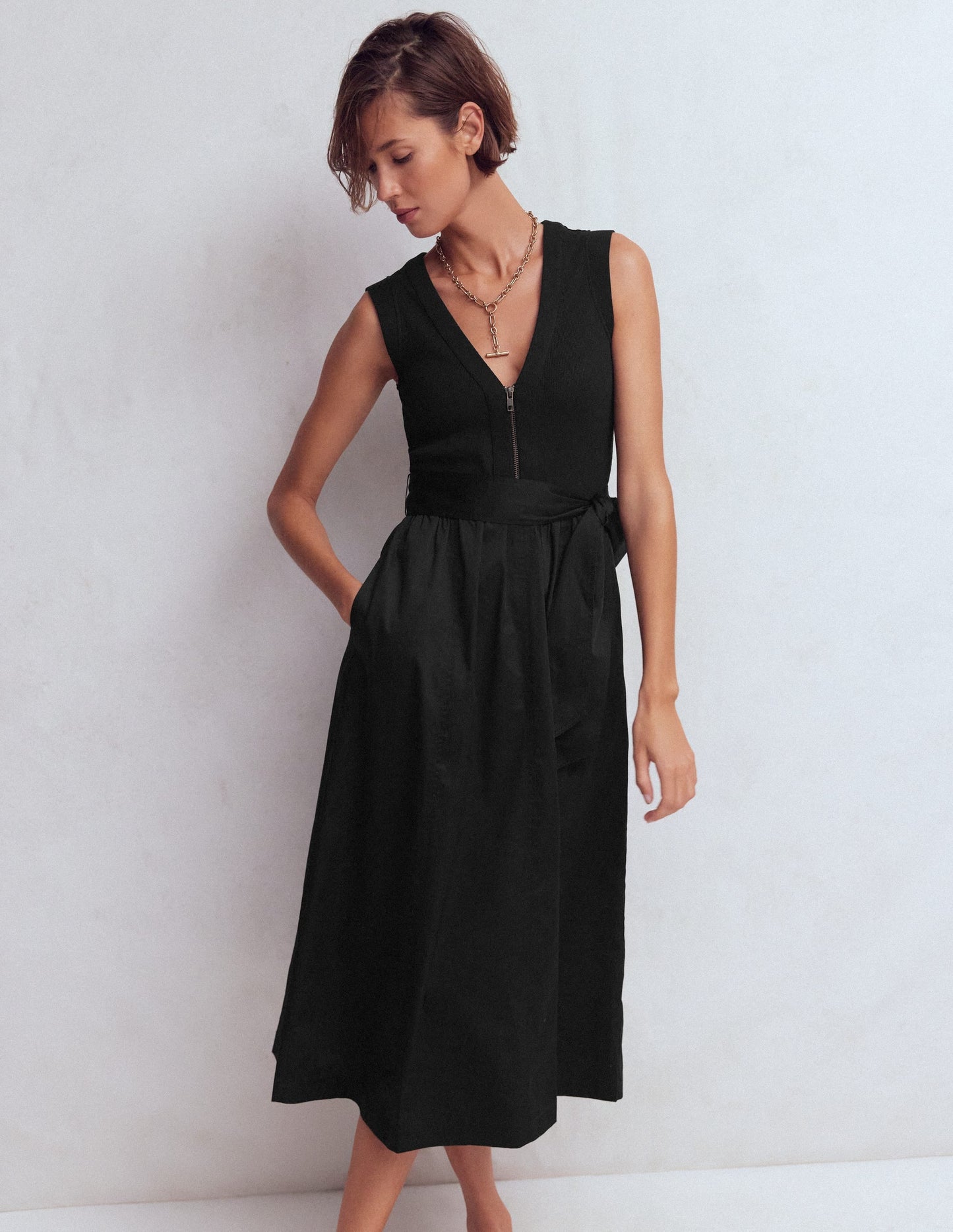 Zip-front Mix Media Dress-Black