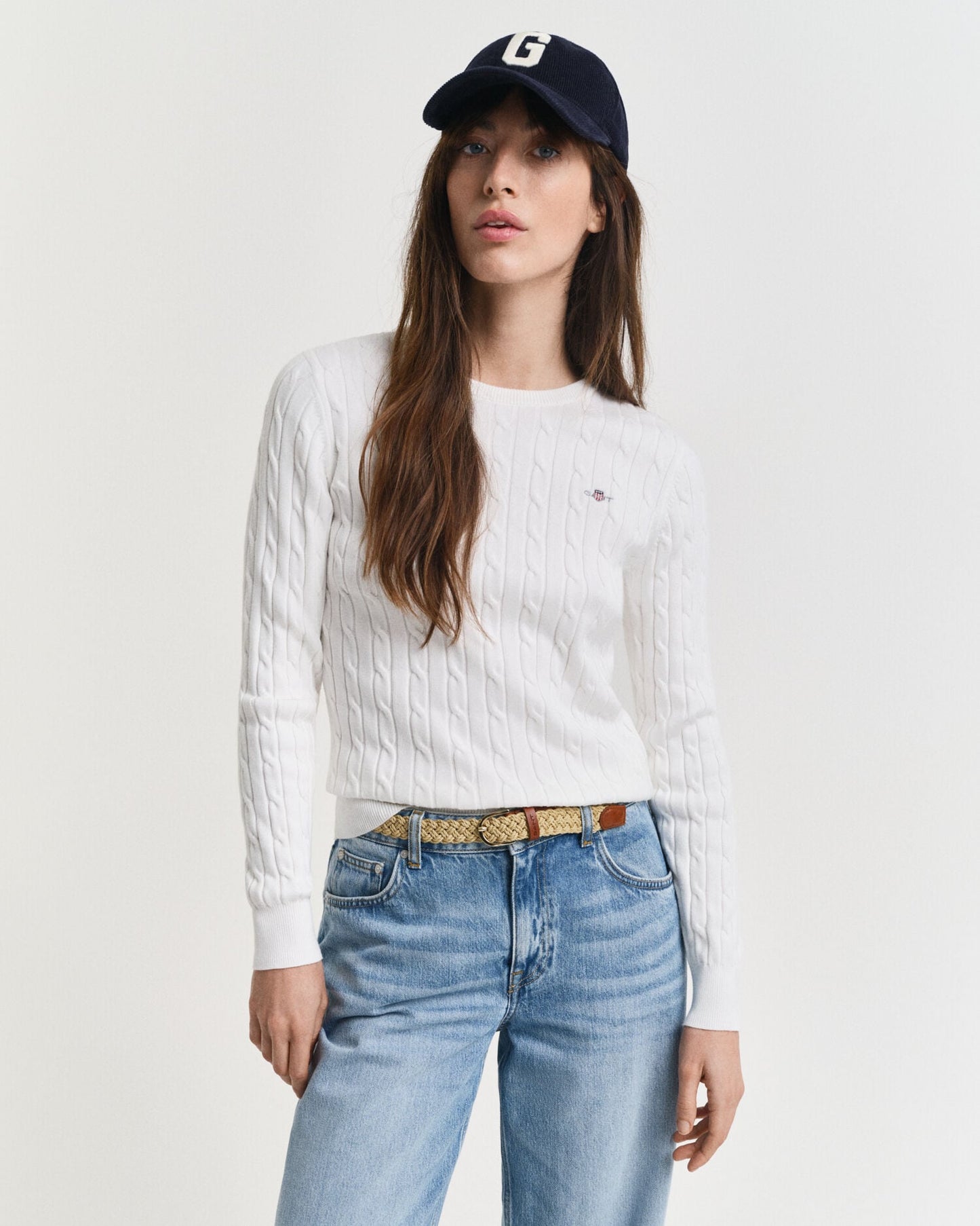 Pullover mit Rundhalsausschnitt aus Stretch-Baumwolle mit Zopfmuster