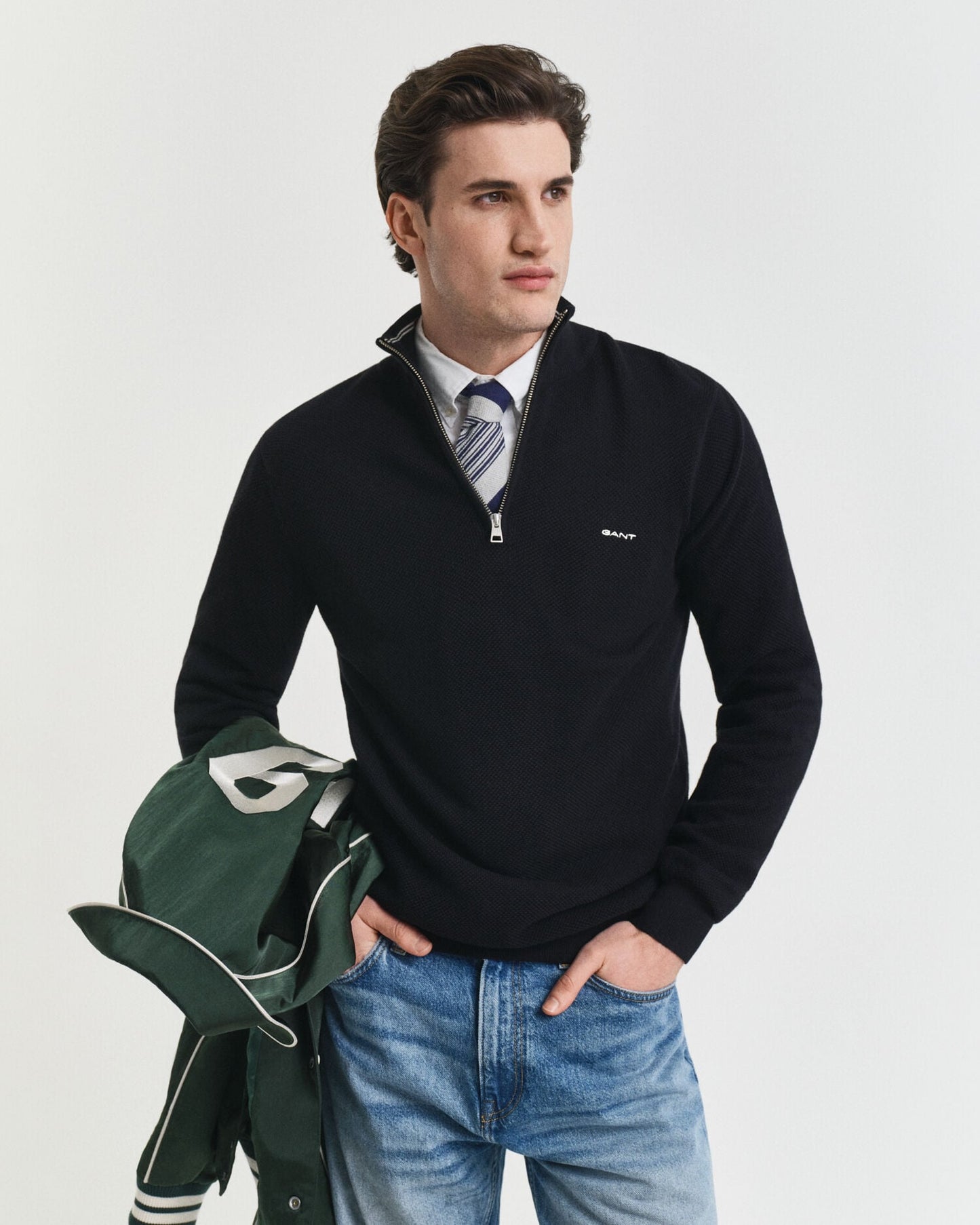 Pull en coton piqué demi-zippé