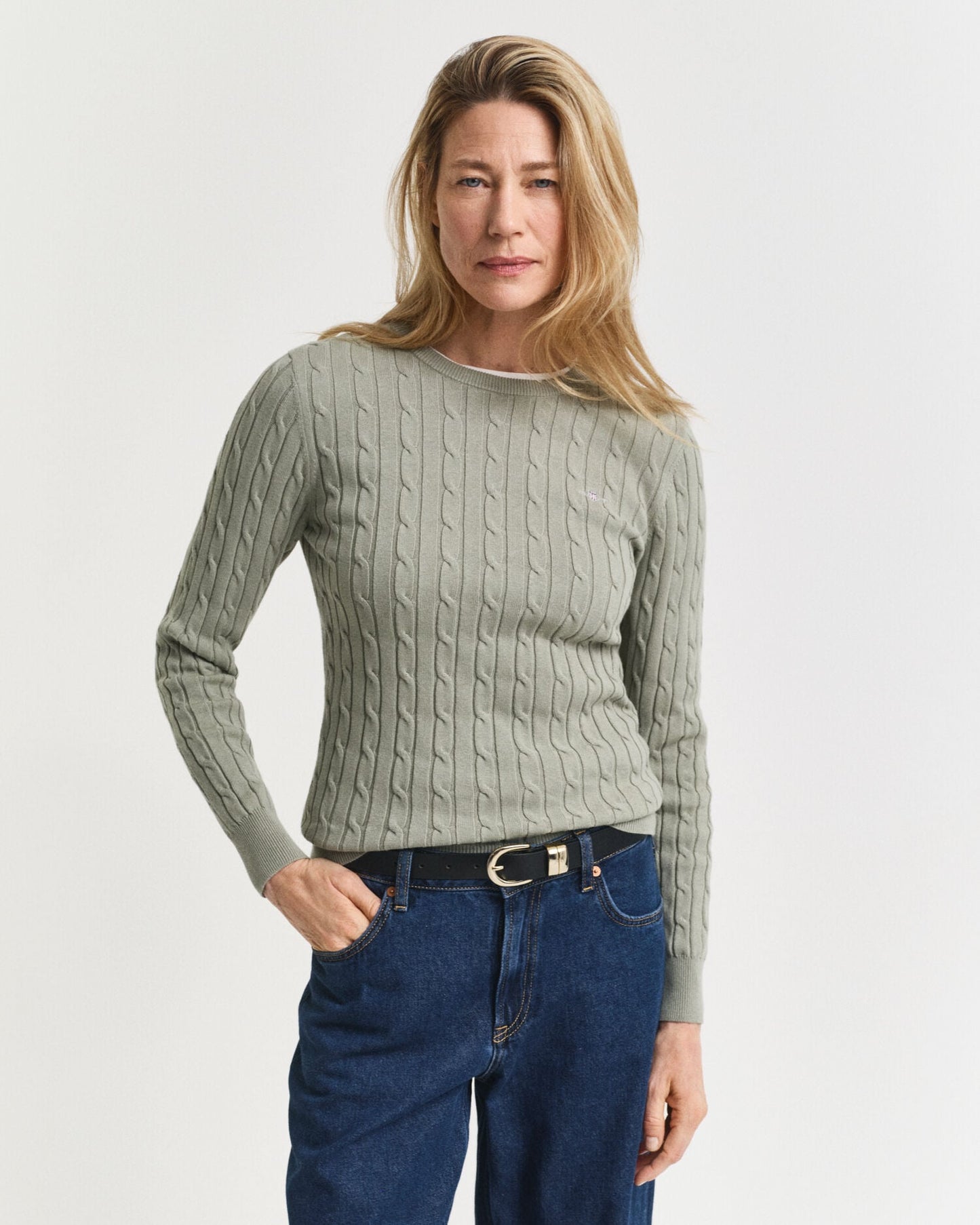 Pullover mit Rundhalsausschnitt aus Stretch-Baumwolle mit Zopfmuster