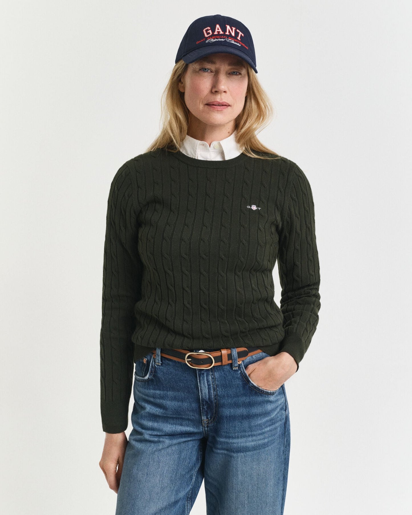 Pullover mit Rundhalsausschnitt aus Stretch-Baumwolle mit Zopfmuster