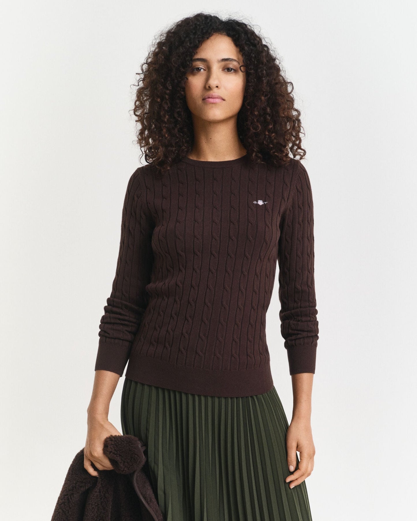 Pullover mit Rundhalsausschnitt aus Stretch-Baumwolle mit Zopfmuster
