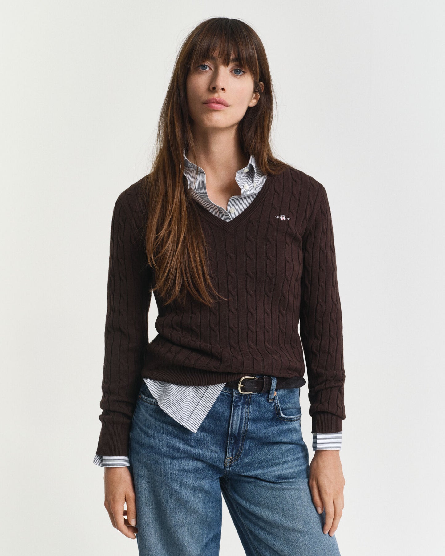 Pull Col V en Tricot Torsadé de Coton Extensible