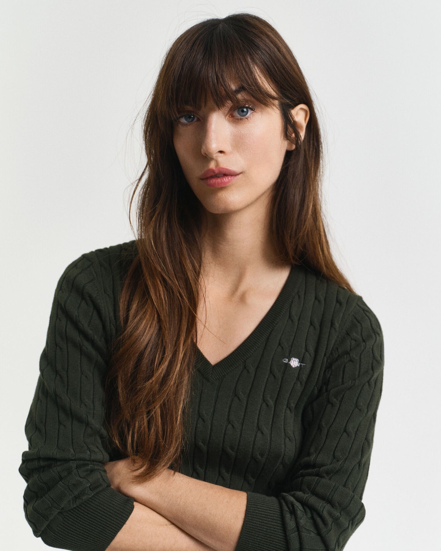 Pull Col V en Tricot Torsadé de Coton Extensible